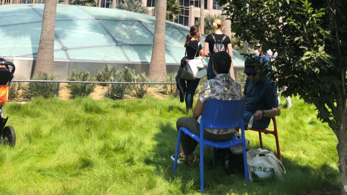 People spending time outdoors at Salesforce Park in downtown San Francisco